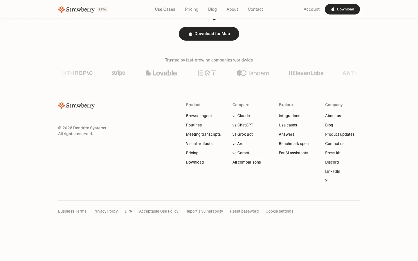 strawberrybrowser.com — Footer